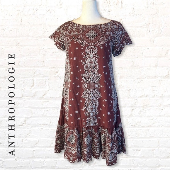 Anthropologie Feather & Bone Ynez Brown  Eyelet Embroidered Mini Dress Size XS - Picture 10 of 12